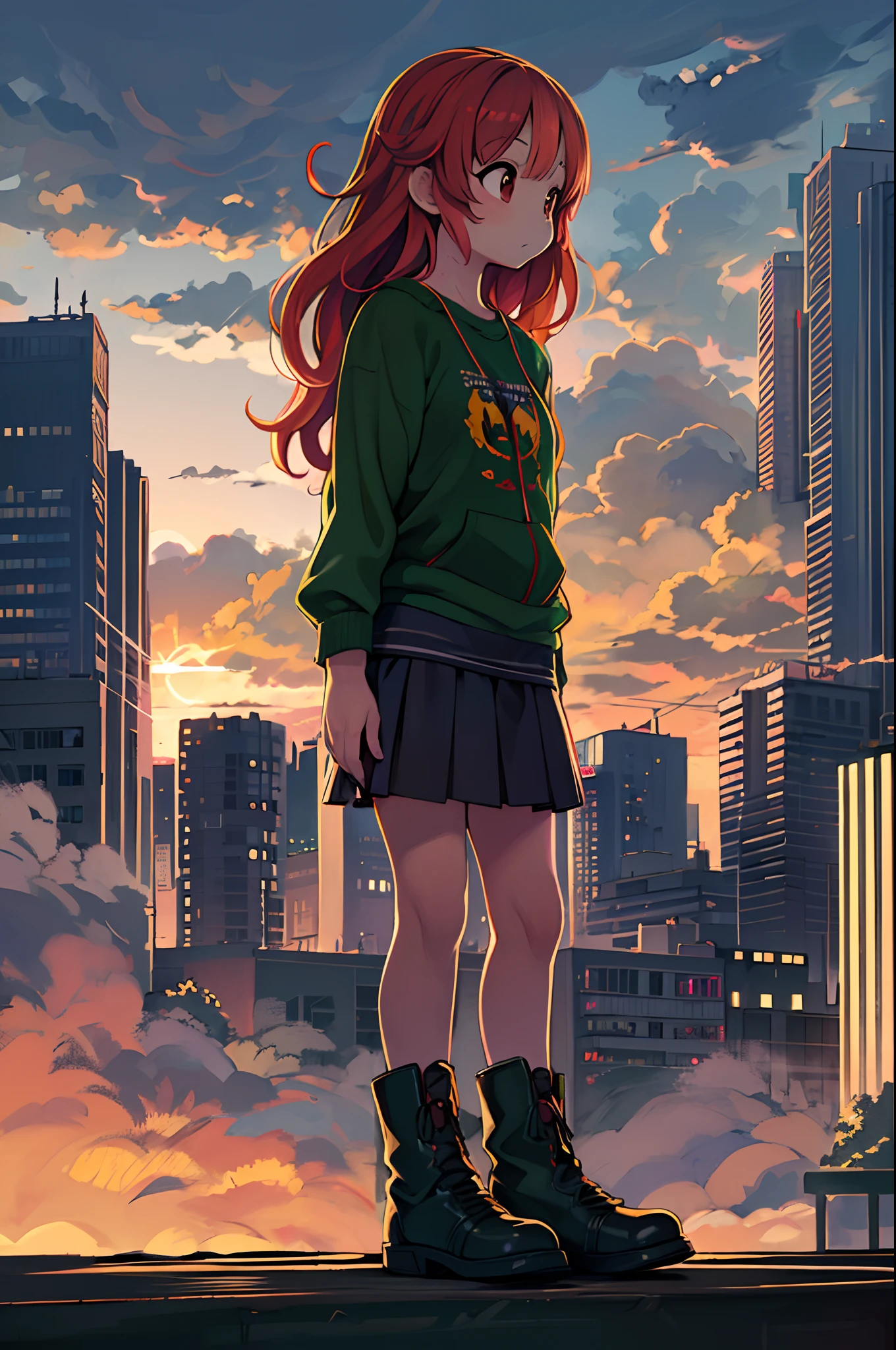 ((Best Illustration)) Brazilian girls, Red hair, age body, Black top, Black tight skirt, Black boots, Urban landscape, building, sky line, Sunset, Silhouette on cloud background, Contemplative. Lori、Young children、Chibi