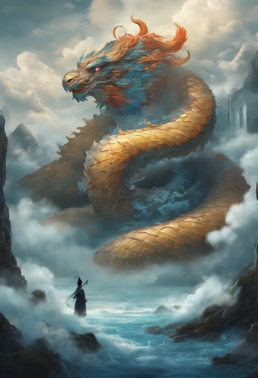 china style,Chinese mythology,Xuanwu,faucet,Tortoise body,Heavy tortoiseshell shell,The tail of the snake grows,the presence of horns on the head,tosen,Ferocious,immensity,Eyes emit blue light,Mare,Huge waves,Surrounded by clouds,中景 the scene is,Full body like, Highly detailed surreal VFX,OC rendering, - AR 16:9 --q 2 --s 1000
