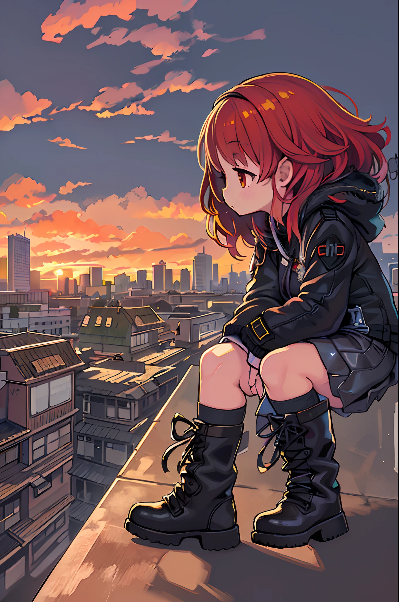 ((Best Illustration)) Brazilian girls, Red hair, age body, Black top, Black tight skirt, Black boots, Urban landscape, building, sky line, Sunset, Silhouette on cloud background, Contemplative. Lori、Young children、Chibi