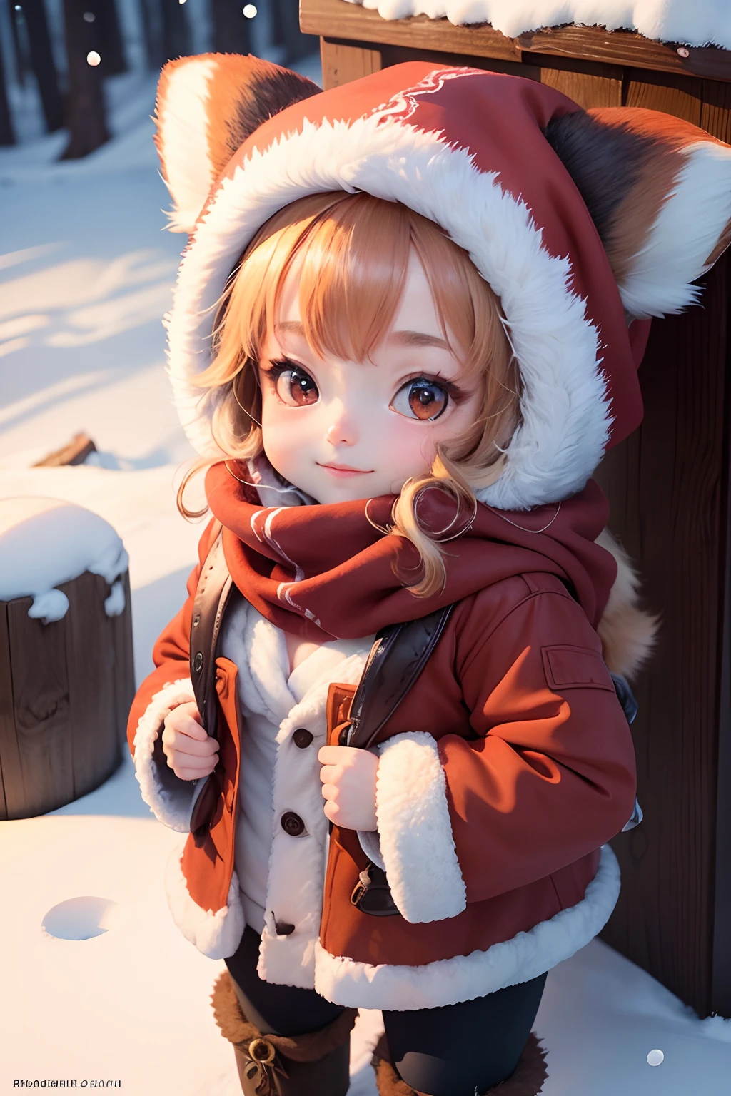 (Best quality,A high resolution,Masterpiece:1.2),Ultra-detailed,clay,closeup cleavage,Little cute red panda,Coat,Scarves and hats,Standing in the snow,Fluffy fur,Sparkling eyes,Soft lighting