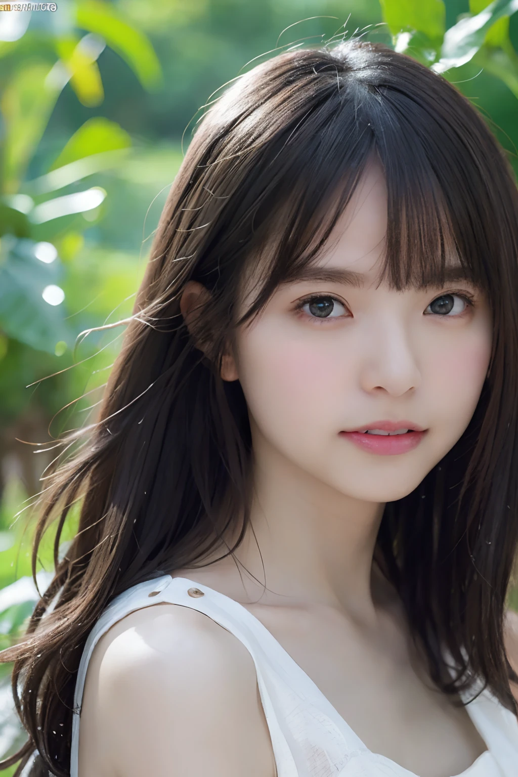 ((スポーツSwimwear:1.3)), Swimwear,Very detailed, Photorealistic portrait of a young Asian woman with long hair, Flowing Hair, Soft natural light, and a calm expression. She is surrounded by lush greenery and flowers.々Surrounded by. High resolution, 8K, Super detailed, Highest quality. ((Upward glance)), ((angle From above: 1. 3)), From above, Looking into the camera,