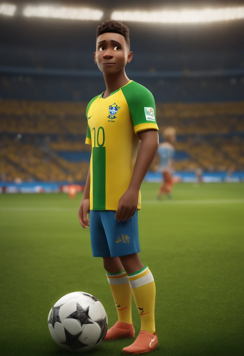 Disney animation, (best quality,4k,8k,highres,masterpiece:1.2),ultra-detailed,(realistic,photorealistic,photo-realistic:1.37),portrait,Looking at Viewer,crying player,soccer,11man,together,blunt ends,yellow jersey,green stripe,blue pant,soccer stadium Brazil,world cup,vivid colors,physically-based rendering, small player, stadium view, sad player