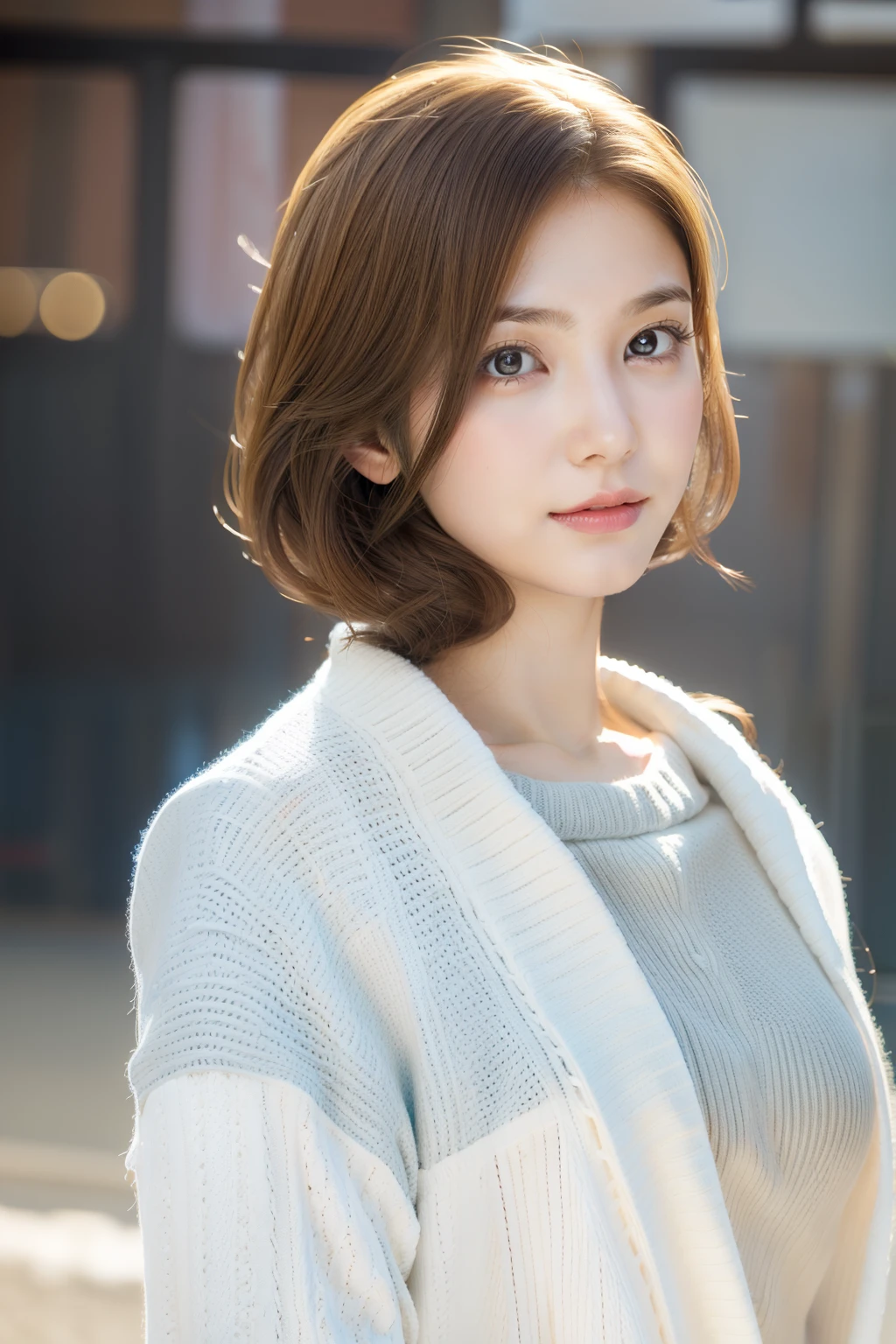 A close up of a woman with a sweater on posing for a picture - SeaArt AI