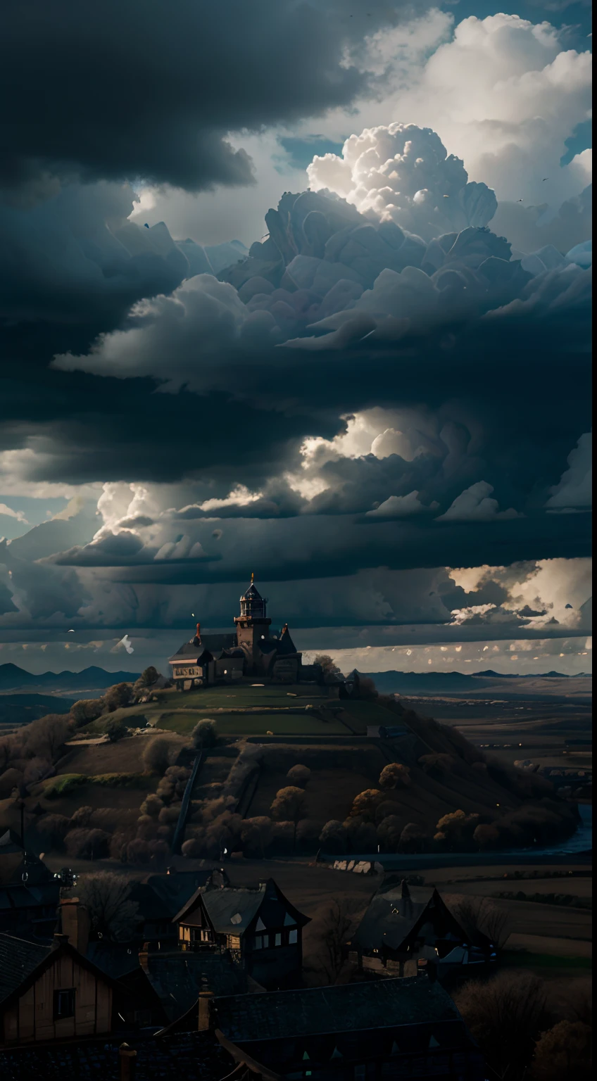 A very majestic kingdom, eerie skies, birds, wind, clouds, settlements, extremely detailed