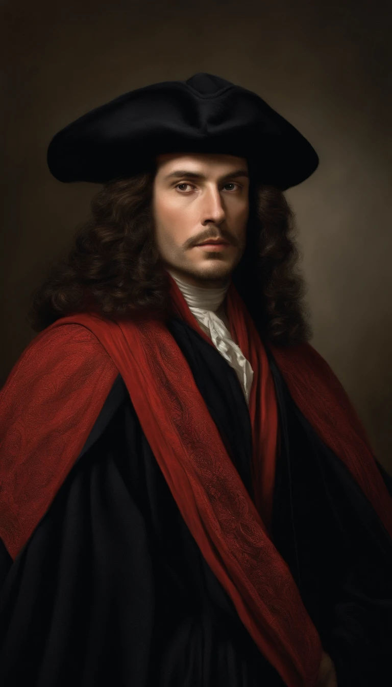 17th century man dressed in black cloack wearing red knotted scarf, in the style of photorealistic detailing, brushwork exploration, flickr, photorealistic renderings, dark white and amber, pseudo-realistic, religion, Ultra photo realsisim