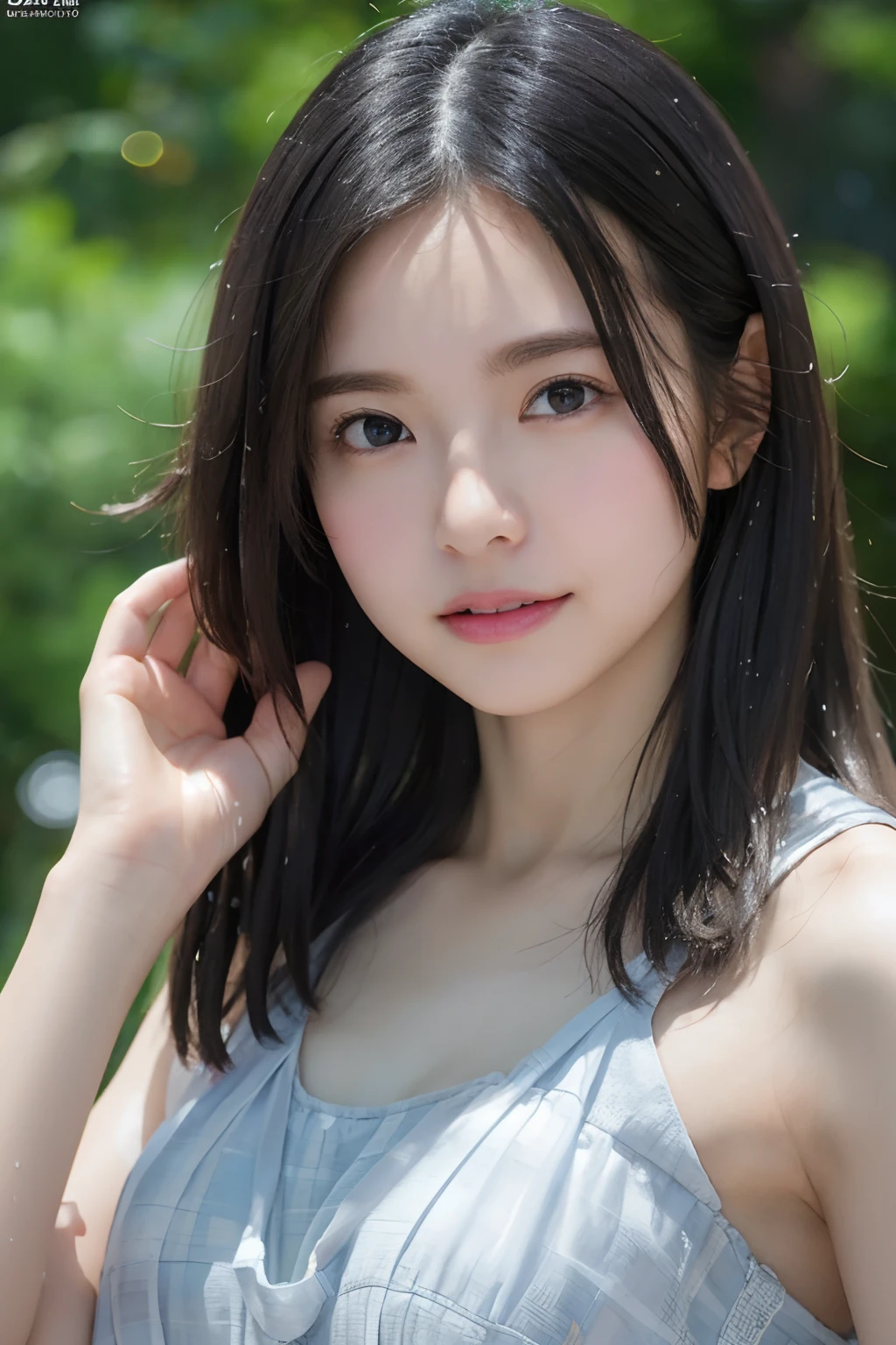 (RAW Photos, Highest quality), (Realistic, Realistic:1.3), Tabletop, smile, Very delicate and beautiful, A soft light is hitting her from the front., (Brown Hair, Straight shoulder-length hair fluttering in the wind), Beautiful detailed girl, (Detailed fingers), Highly detailed eyes and face, Beautiful and detailed nose, Beautiful attention to detail, 1 Girl, Japanese, Pure beauty, cute, (Half Body:1.3), Realistic face, Realistic body,