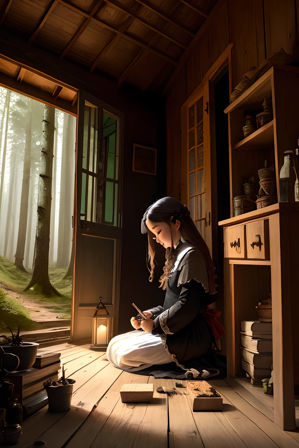 Young witch doing ritual in small house in the forest