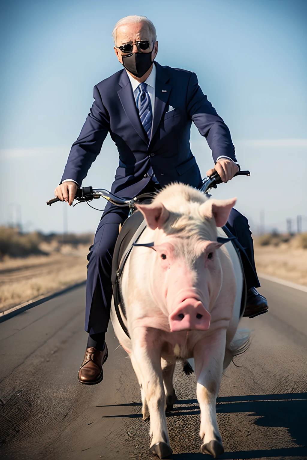 Biden rides a pig，Blue sky，Dust rises