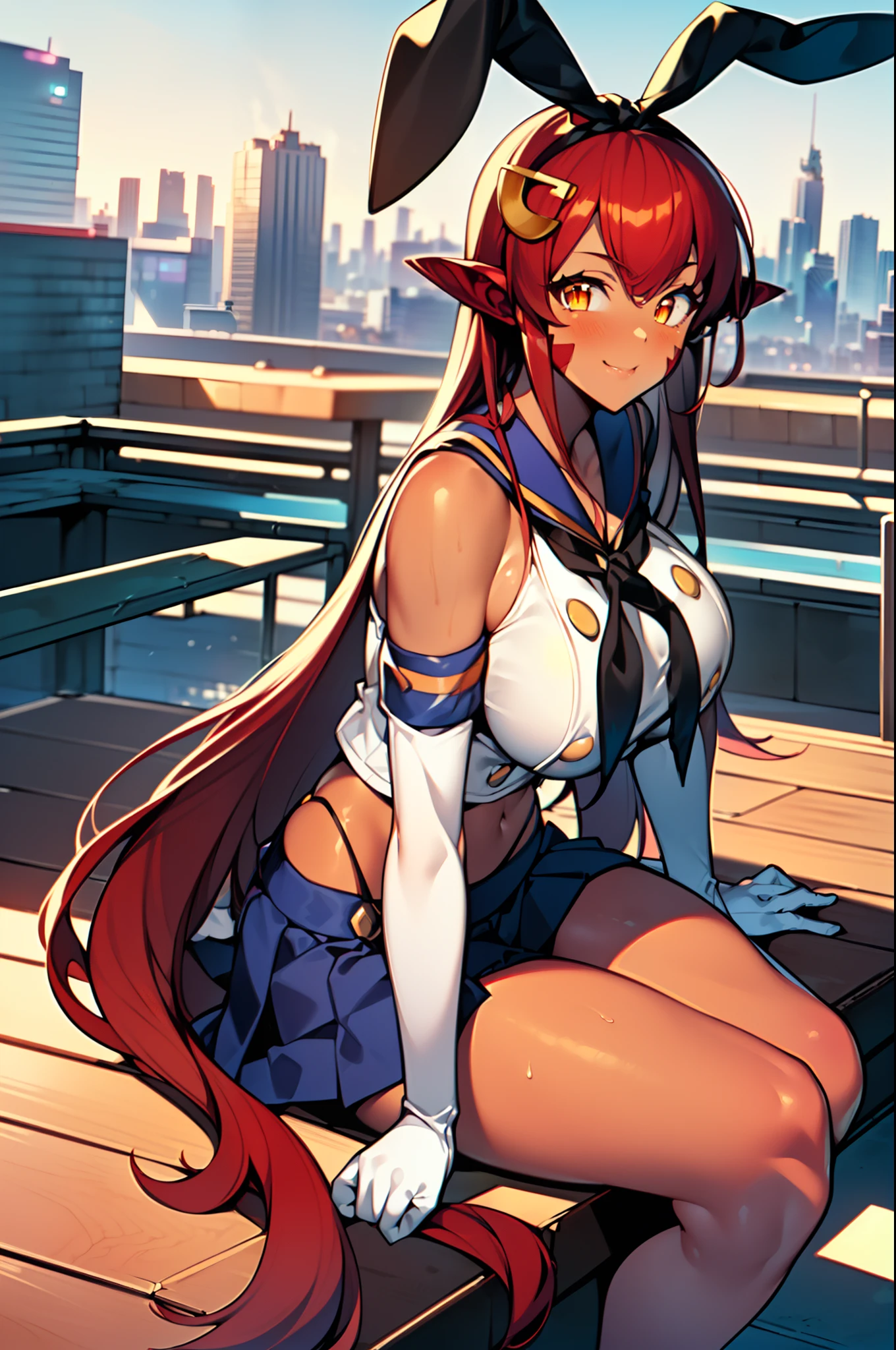 masterpiece, best quality, extremely detailed, anime art style, 1girl, solo, (dark brown skin:1.6), miia, ((huge breasts:1.1)), facial mark, (((red hair, long hair, orange eyes, slit pupils))), parted lips, (((shimacos, crop top, microskirt, elbow gloves))), light smile, (closed mouth), ((sitting on the rooftop, futuristic cityscape))