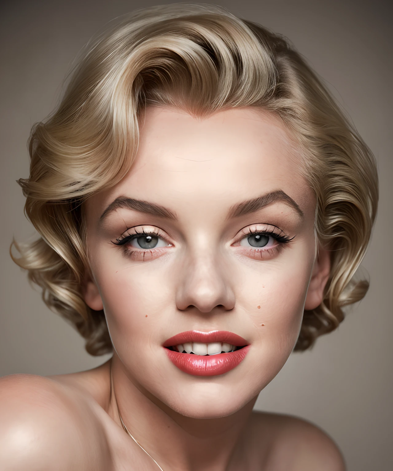 fashion model 25 years old Marilyn Monroe, [[[[closeup]]]], [[[[chest]]]], [[[[neck]]]], [[[[shoulders]]]], perfect eyes, perfect iris, perfect lips, perfect teeth, perfect skin, soft front light, glow, HDR, (muted colors:1.2)