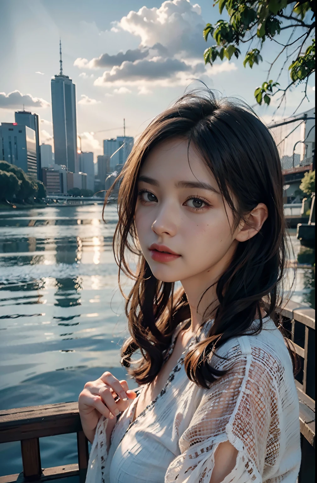 best quality, masterpiece, photo realistic, intricate details, raw photo, photon rendering, octane render, absurdres, ultra detailed, detailed face, detailed skin, trending on artstation,8k masterpiece,cinematic lighting, scenery, scenery, no humans, cityscape, sky, city, cloud, outdoors, building, sunset, city lights, bridge, river, tree, roadn, artist name,