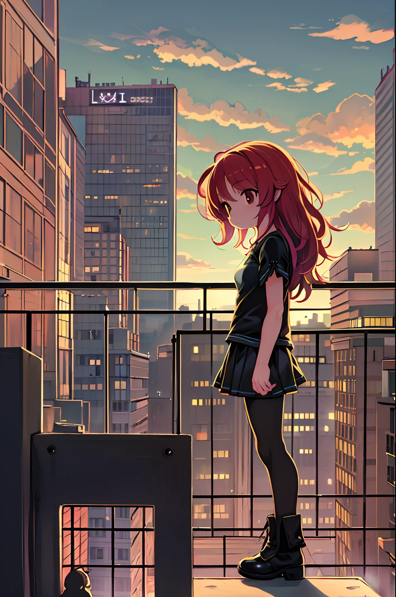 ((Best Illustration)) Brazilian girls, Red hair, Teenage body, Black top, Black tight skirt, Black boots, Urban landscape, building, sky line, Sunset, Silhouette on cloud background, Contemplative. Lori、Young children、Chibi