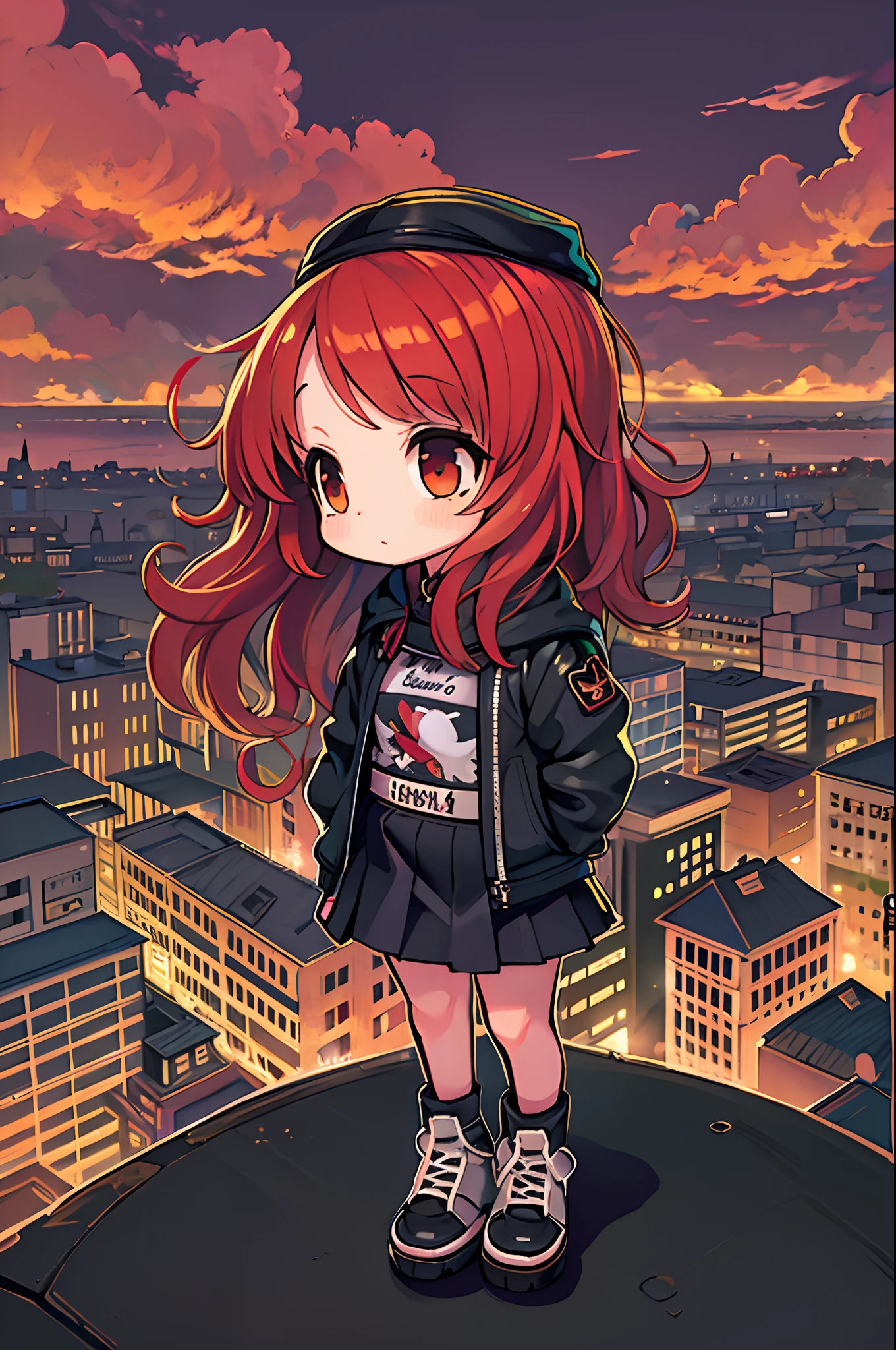 ((Best Illustration)) Brazilian girls, Red hair, Teenage body, Black top, Black tight skirt, Black boots, Urban landscape, building, sky line, Sunset, Silhouette on cloud background, Contemplative. Lori、Young children、Chibi