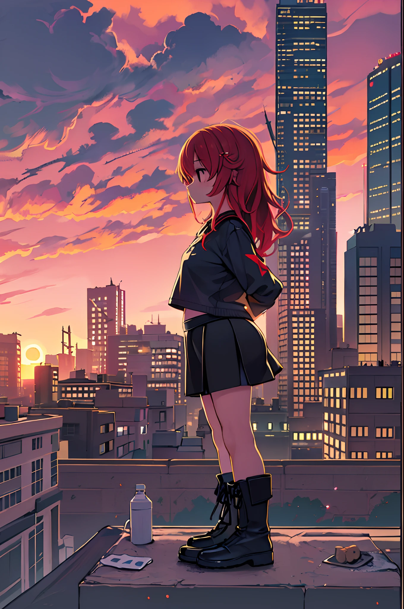 ((Best Illustration)) Brazilian girls, Red hair, age body, Black top, Black tight skirt, Black boots, Urban landscape, building, sky line, Sunset, Silhouette on cloud background, Contemplative. Lori、Young children、Chibi