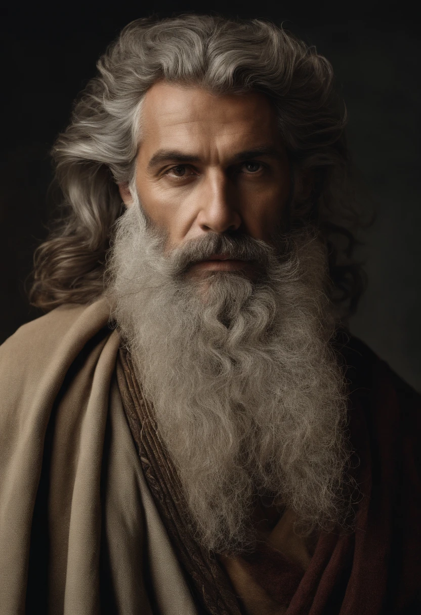 "Half-body shot of a wise and imposing man, from 40 years old, maigre, barbu et aux cheveux gris, with a serious expression and an air of experience. Definition of highs. Ancient Greek Man Inspiration."