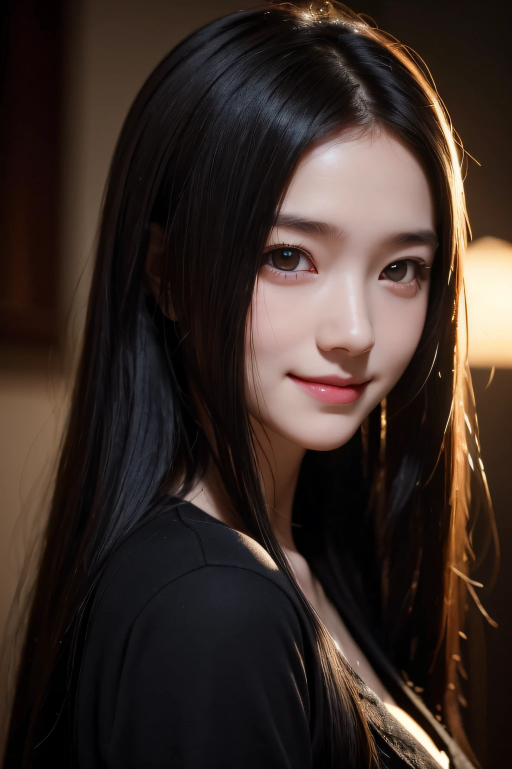 a smile、13 year old girl with pale skin and long teens, Straight black hair. Big, Dark eyes , With an intense and enigmatic look. A smile、Wear Orphan Movie Clothing Styles, With a more elegant and sophisticated touch, Match her mysterious and intense personality. Overall, Her appearance is impressive, Attract curious and intriguing looks. flat-chest, Cinematic lighting, chromatic abberation, Backlighting, masutepiece, high details, High quality, 4K.a smile、