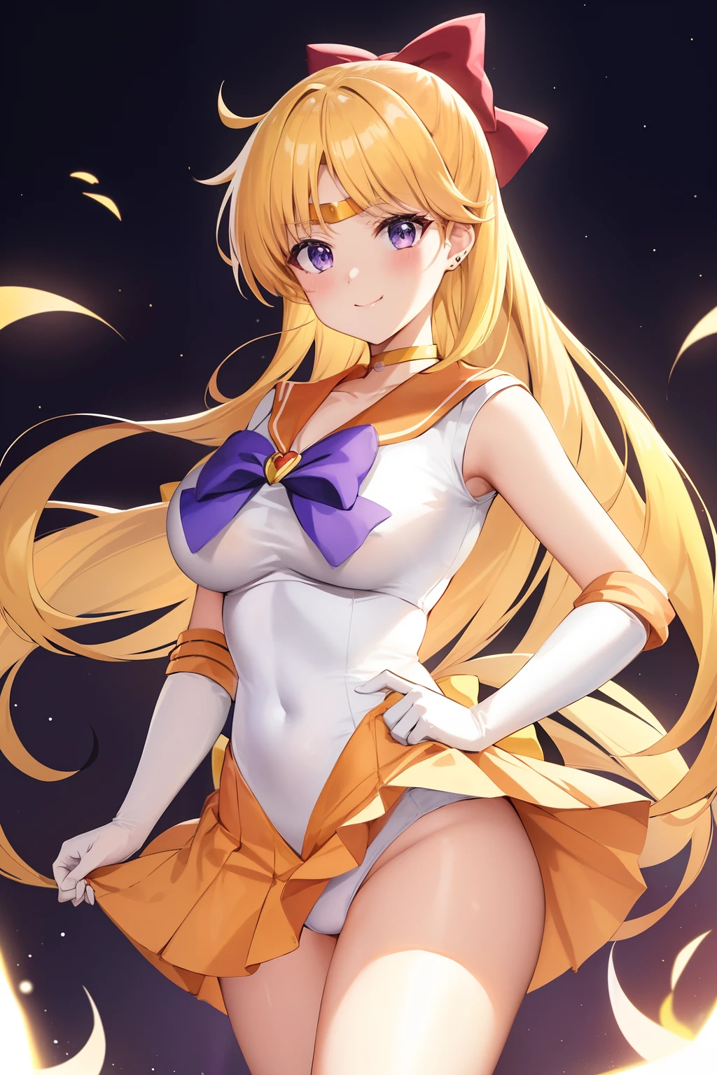 Sailor Senshi Uniform, Anime Aunt, A MILF, skirt, aino minako, solo, bow, white glove, sailorvenus, Blonde woman with very long hair, elbowgloves, Red ribbon on head, Orange sailor collar, Golden sailor collar, back_bow, Orange choker, Golden Choker, jewelry, Blue-eyed woman, Orange skirt, Golden skirt, magical  girl, 耳Nipple Ring, circlet, skirt rift, smile, rating:safe, leotard, pleatedskirt, lifted_by_self, Half Up Hair, Bare shoulders, bare legs, cowboy_shot, collarbone, shiny, looking_at_viewer, panties on, Purple ribbon on chest, Woman standing, shiny_hair, bangs, eyebrows_visible_through_hair, hair_bow, closed_mouth, highleg, shiny_skin, heart, White leotard, robe blanche, huge tit, Leotila,