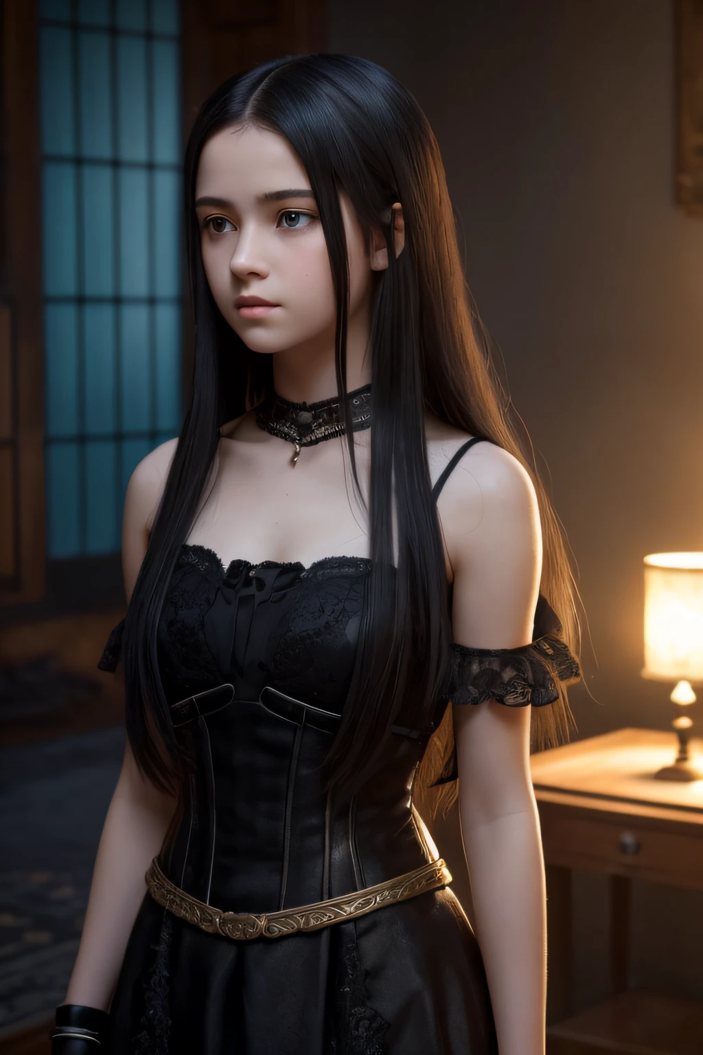 13 year old girl with pale skin and long teens, Straight black hair. big, dark eyes , With an intense and enigmatic look. Wear Orphan movie clothing styles, With a more elegant and sophisticated touch, Matching her mysterious and intense personality. Overall, Her appearance will be impressive, Attract curious and intriguing looks. flat-chest, Cinematic lighting, chromatic abberation, Backlighting, masutepiece, high details, High quality, 4K.