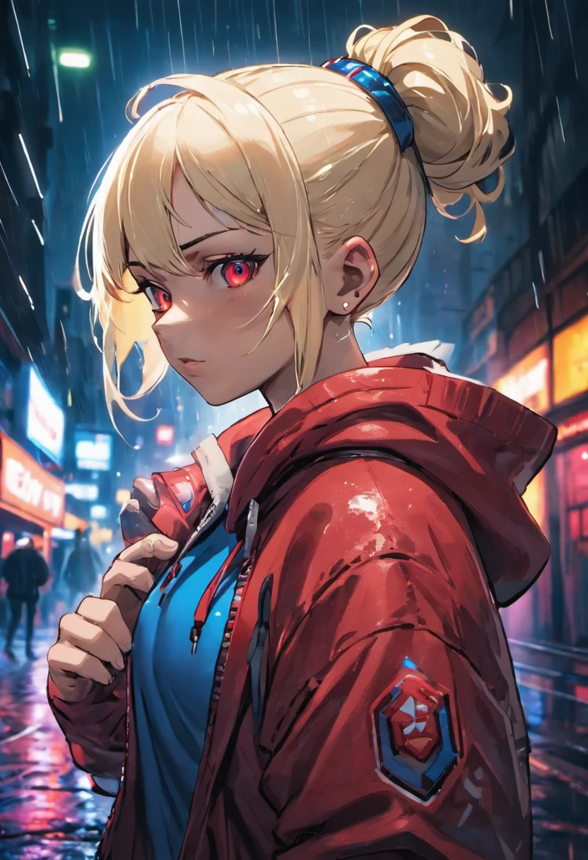 Close-up photos, Confident young cyberpunk woman with blonde and white hair in a bun, Wearing a hoodie with red and blue design, On a rainy street at night, Photorealistic, Cinematic lighting