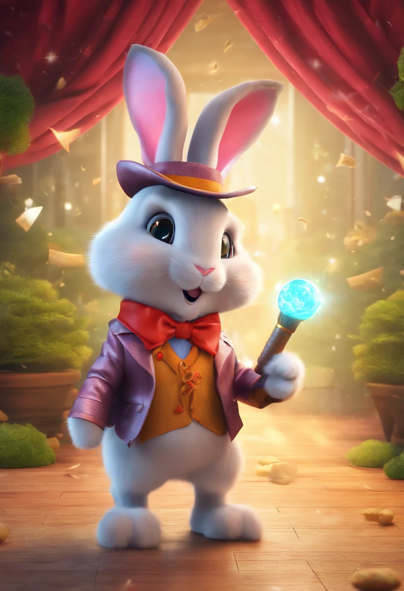 Dress up as a rabbit as a magician. He carried a magic wand. .obvious . 8K . Full portrait. The appearance of the rabbit is complete. Details of the full image.Full image of a rabbit