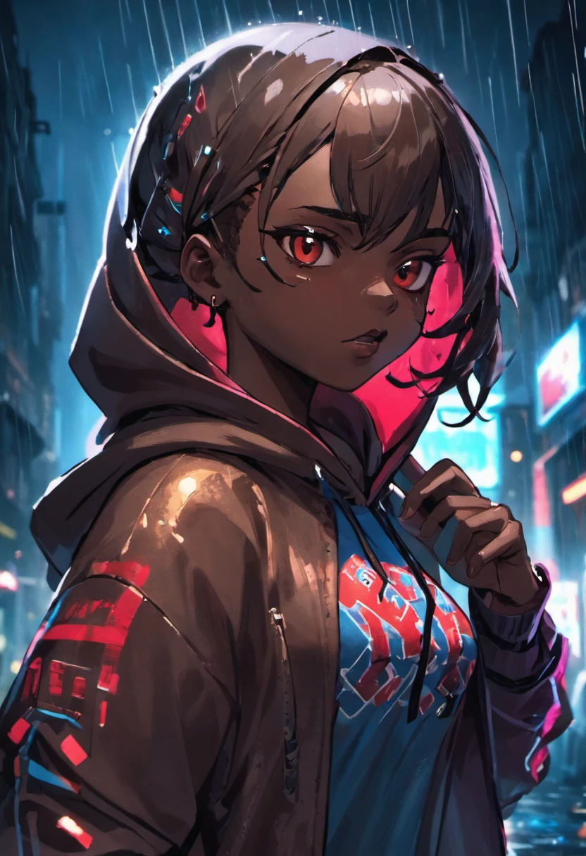 Closeup photograph, confident young cyberpunk dark skin woman with brown, wearing a hoodie with red and blue designs on it, in a rain soaked street at night, photorealistic, cinematic lighting