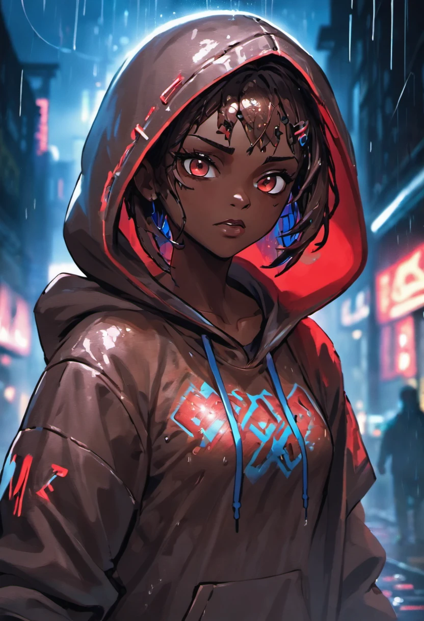 Closeup photograph, confident young cyberpunk dark skin woman with brown, wearing a hoodie with red and blue designs on it, in a rain soaked street at night, photorealistic, cinematic lighting