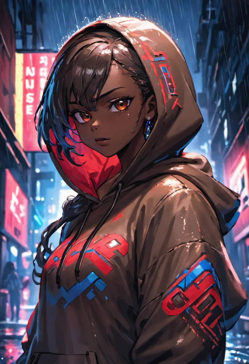Closeup photograph, confident young cyberpunk dark skin woman with brown, wearing a hoodie with red and blue designs on it, in a rain soaked street at night, photorealistic, cinematic lighting