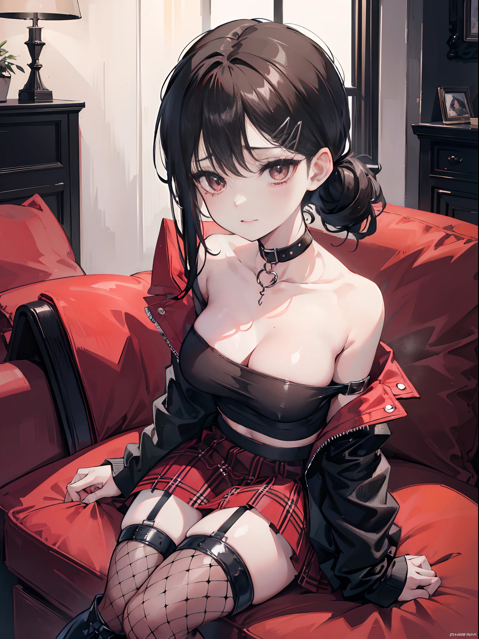 1girl, black hair tied to the right and a fringe down to the neck, brown eyes, two clips in the hair, gothic black cropped top, gothic red plaid skirt, black fishnet stocking, tall black boots, Gothic style, relax, living room, preparing to leave the house, absurdres, high res, high details, 8k