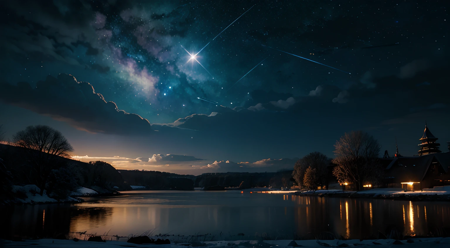 16:9 A painting,Galaxy River,There are stars on the river,There is a moon in the sky,The concept art was inspired by Tosa Mitsuoki,Pixiv competition winner,best qualtiy,Fantasyart,beautiful anime scenes,A bright moon,Starry sky environment in moonlight,Dream painting,Anime background art,dream scenery art,Fantastic night, anime backgrounds, background artwork, dreamlike art, Atmospheric anime, starrysky,Detail enhancement。