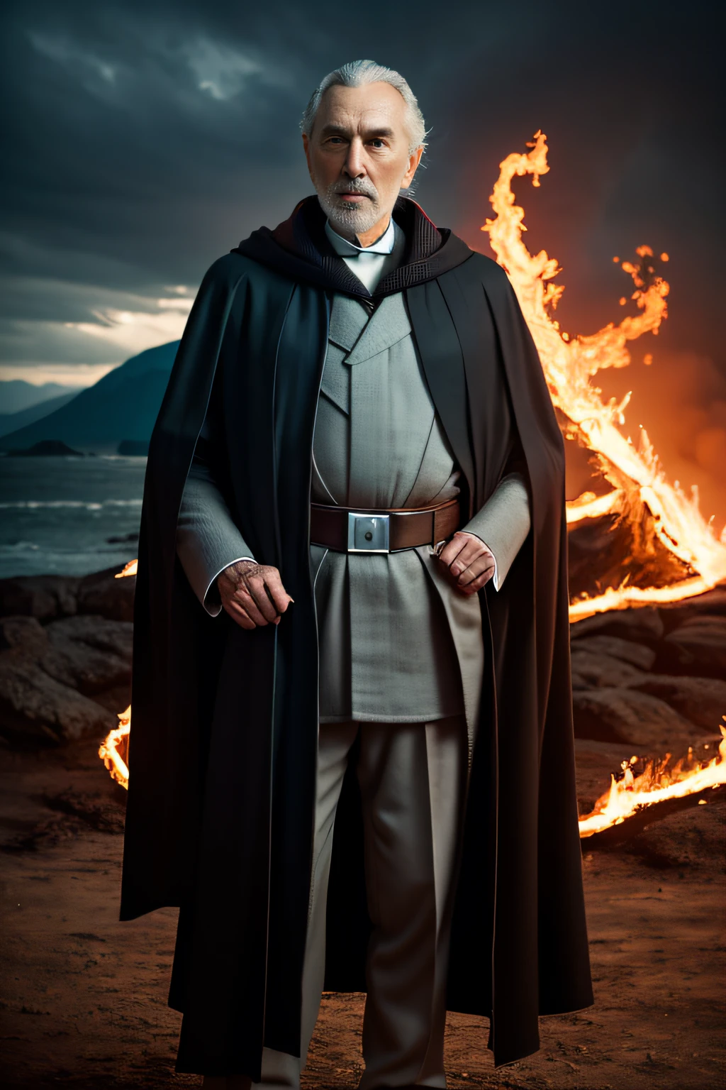 RAW Photograph, portrait, Mature older man, Count Dooku, Sith Lord, Star Wars scene, cinematic, wearing a cloak and standing outside with a fiery landscape background