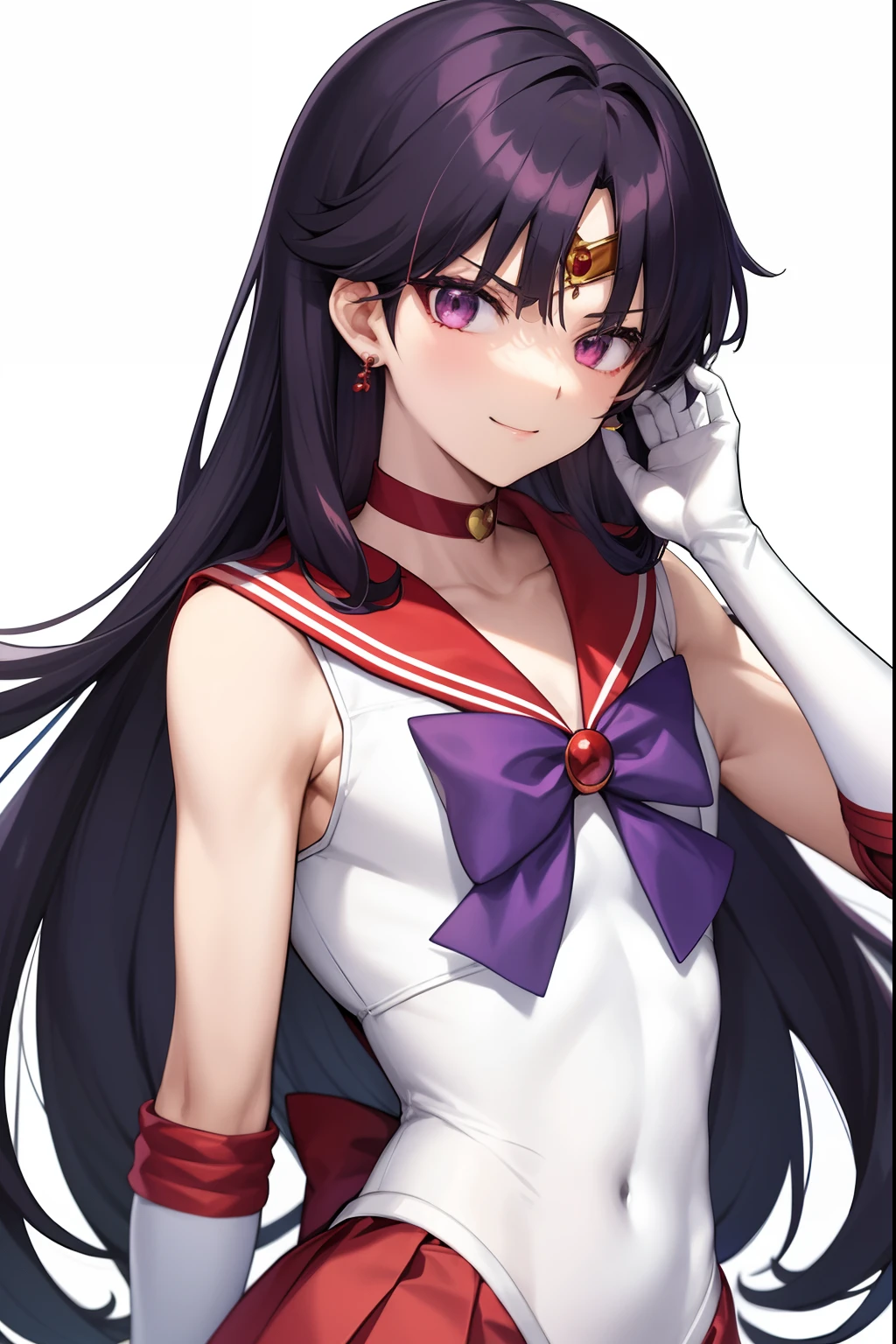 Sailor Mars、Anime Boy、Cool anime boys、gender change、gender change(Girls to boys)、Sailor Senshi Uniform、Rei Hino、solo、Red sailor collar、Blue bow tie、skirt、Boy with very long black hair、rating:safe、Flames around him、a red skirt、Magical Boy、a red choker、White leotard、highleg leotard、robe blanche, traditional_media、fire、marker_(medium)、neck、burning、upper_body、elbowgloves、makeup、jewelry、circlet、looking_at_viewer、white glove、Muscular men、eyeslashes、lips、smile、flame、a miniskirt、pleatedskirt、collarbone、Bare shoulders、bangs、耳Nipple Ring、Boy with Purple Eyes、Boy with Black Eyes、multicolored_background、covered_navel、1990's\(styles\)