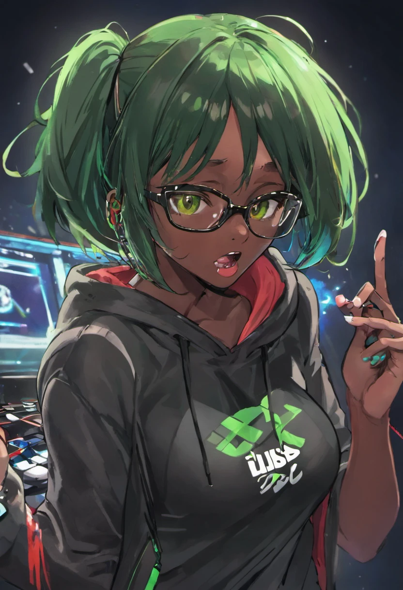 anime, deejaying dark skin girl, dj, dj sark skin girl, headphones, rave, (highest picture quality),masterpiece,best quality,extremely detailed CG wallpaper, ultra_detailed,(Cinematic Lighting:1.1), (cold face), green eyes, 1girl, solo, dark-green_hair, short_hair, masterpiece, best quality, glasses, figithing style