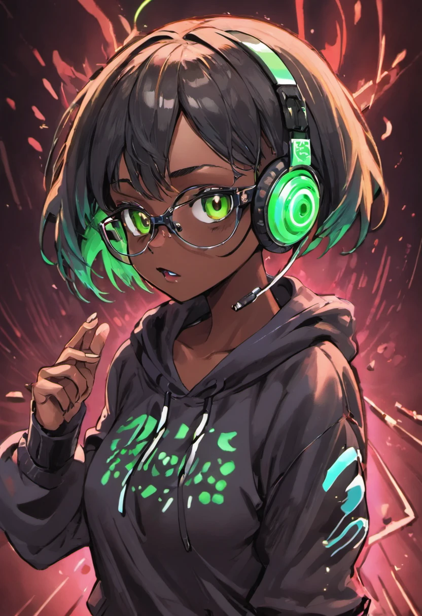 anime, deejaying dark skin girl, dj, dj sark skin girl, headphones, rave, (highest picture quality),masterpiece,best quality,extremely detailed CG wallpaper, ultra_detailed,(Cinematic Lighting:1.1), (cold face), green eyes, 1girl, solo, dark-green_hair, short_hair, masterpiece, best quality, glasses, figithing style
