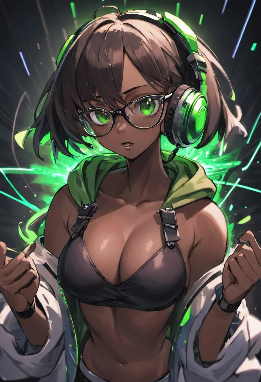 anime, deejaying dark skin girl, dj, dj sark skin girl, headphones, rave, (highest picture quality),masterpiece,best quality,extremely detailed CG wallpaper, ultra_detailed,(Cinematic Lighting:1.1), (cold face), green eyes, 1girl, solo, dark-green_hair, short_hair, masterpiece, best quality, glasses, figithing style