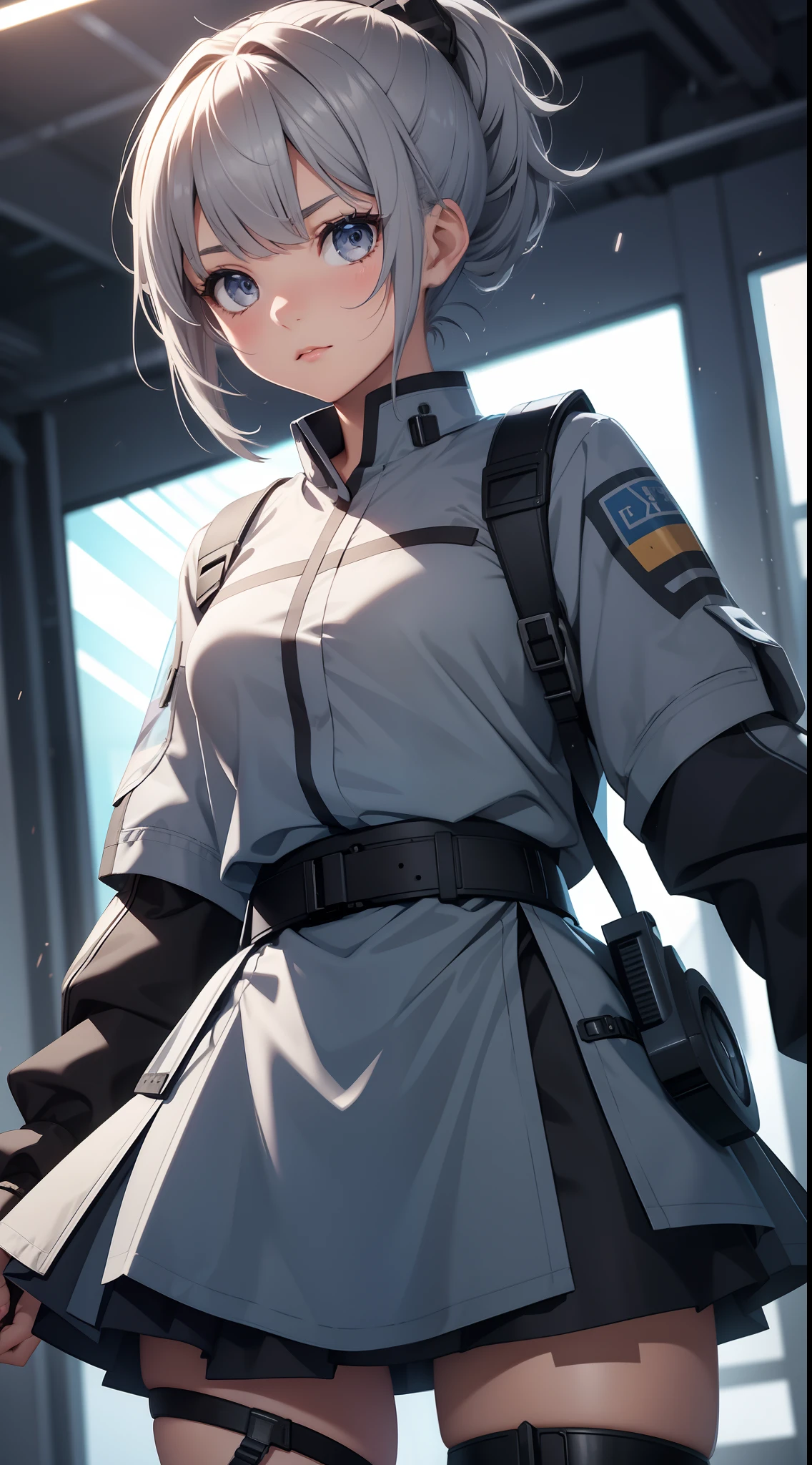 young girl, short gray hair, high ponytail, gray eyes, blue battle shirt, skirt, robot behind, guns, Masterpiece, hiquality, 4k, HD, Good detail