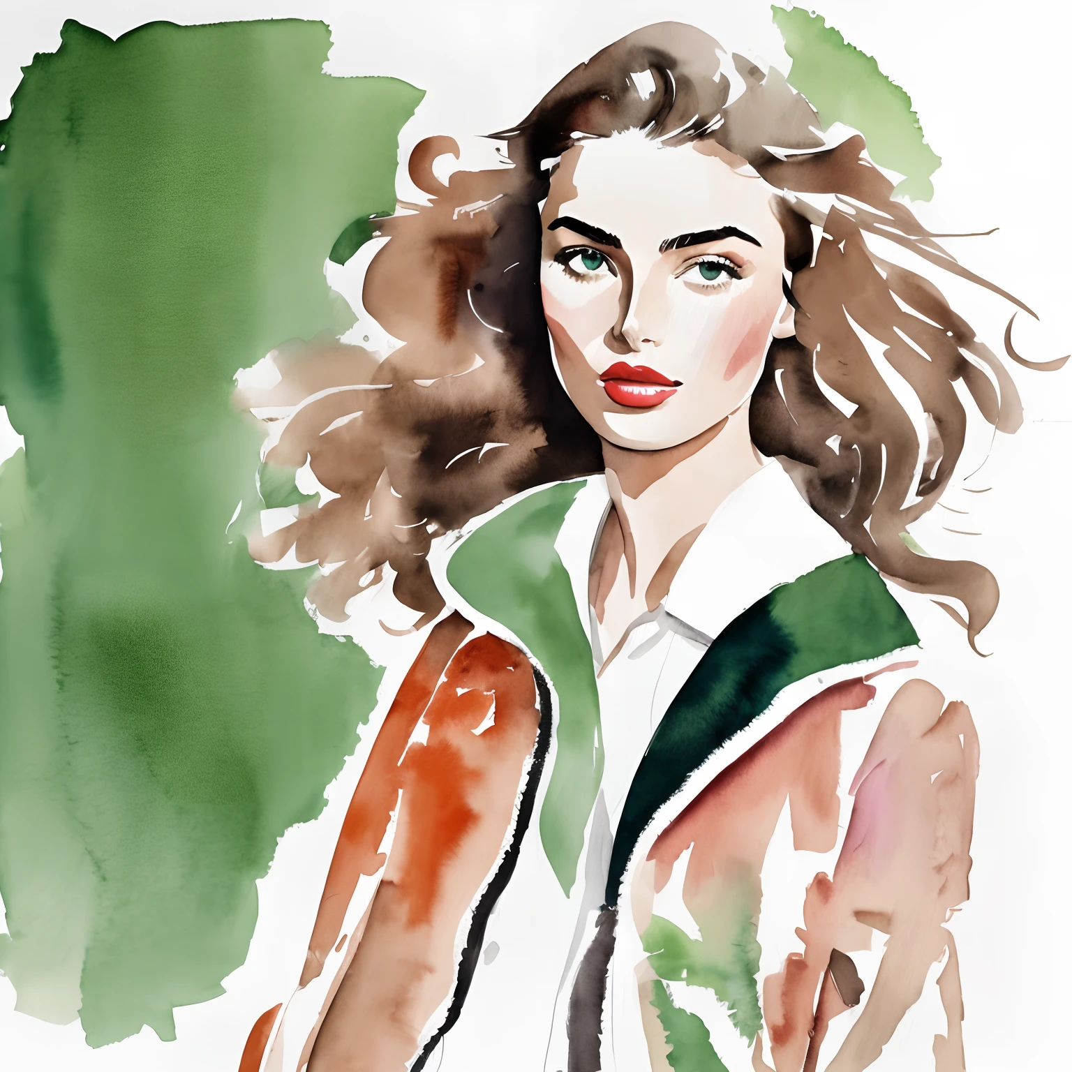 David Downton fashion illustration, watercolor drawing, light brown blonde thin hair 1woman, Andreea Diaconu, cute face, green eyes, rose lipstick, gentle lilac sweatshirt, gray leather jacket, orange autumn leaves