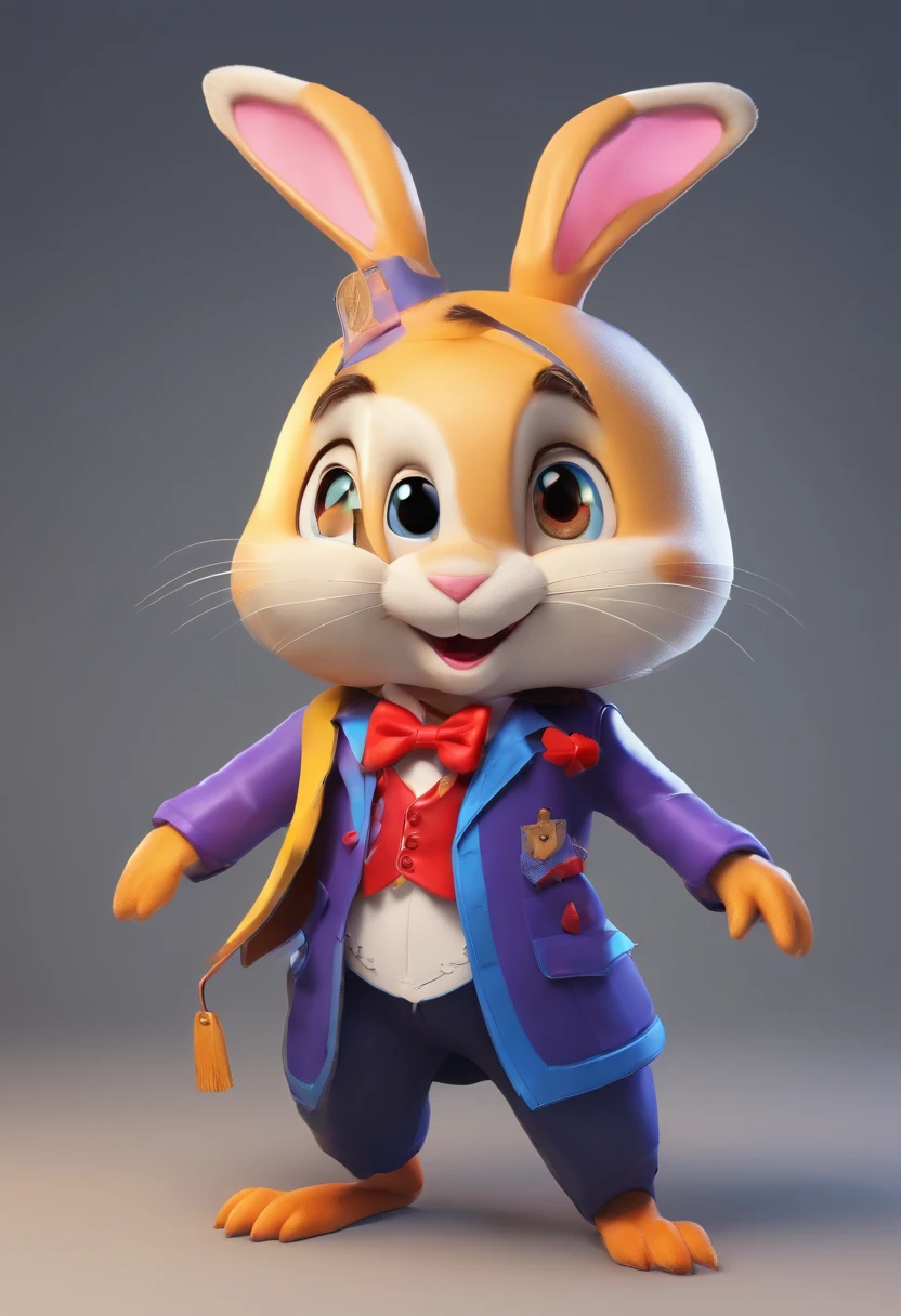 Dress up as a rabbit as a magician. having fun。Laugh. .obvious . 8K . Full portrait. The appearance of the rabbit is complete. Details of the full image.Full image of a rabbit