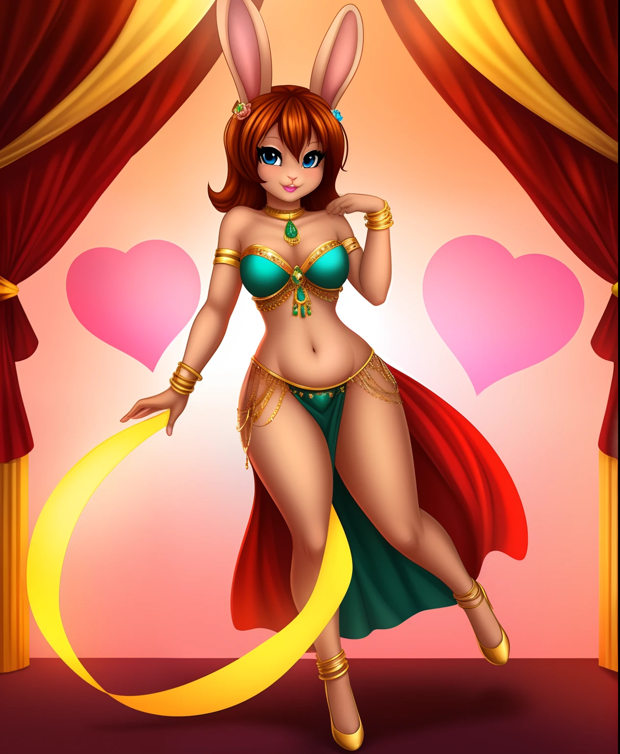 Bunnipira the female brown rabbit, pink heart belly dancer, golden bracelets, light pink lipstick, full body view