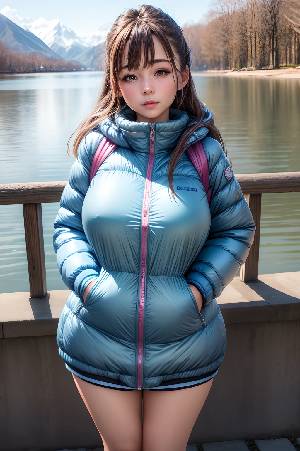 Make a woman with big breast, light blue long winterjacket , with open zipper, with face, body, Lakeside house, travel bag, dog Nude