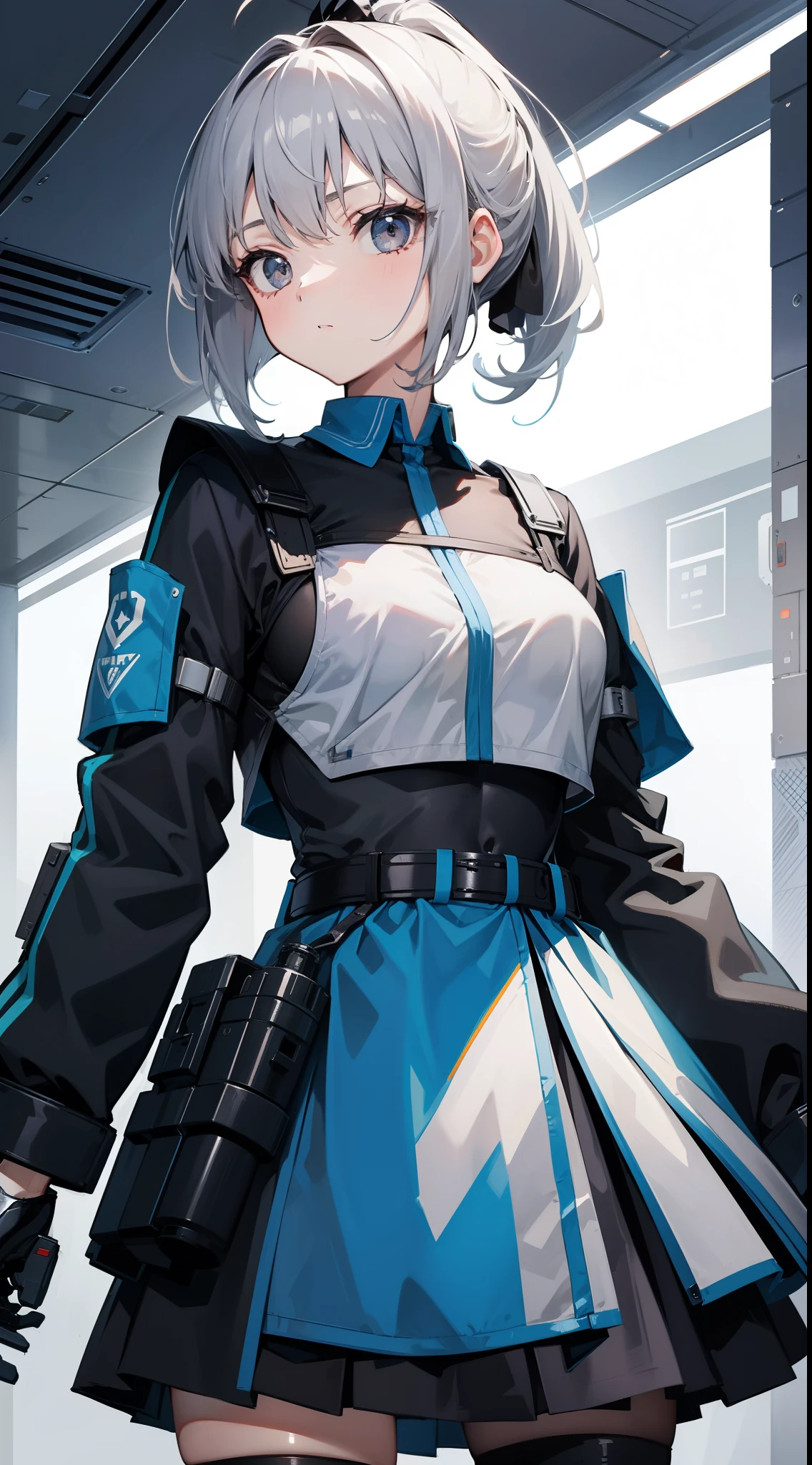 young girl, short gray hair, high ponytail, gray eyes, blue battle shirt, skirt, robot behind, guns, Masterpiece, hiquality, 4k, HD, Good detail