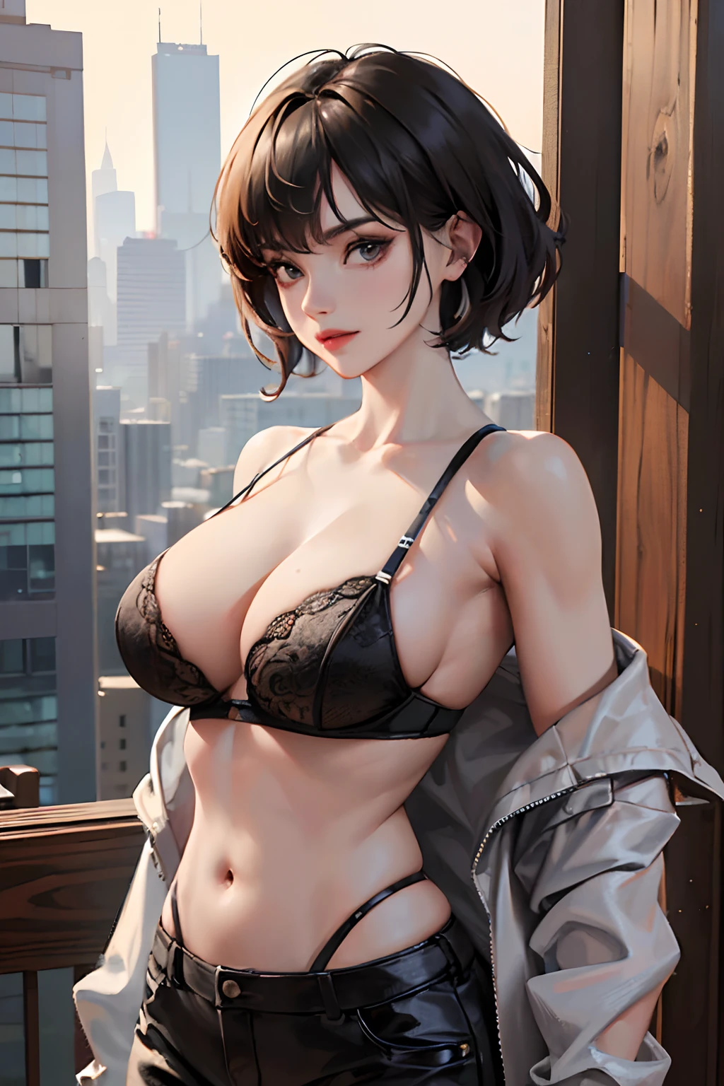 (best quality,4k,8k,highres,masterpiece:1.2),ultra-detailed, 1 women, handsome, black short hair, crop jacket, black bra, black short, muscular, six packs, large breasts, looking at viewer