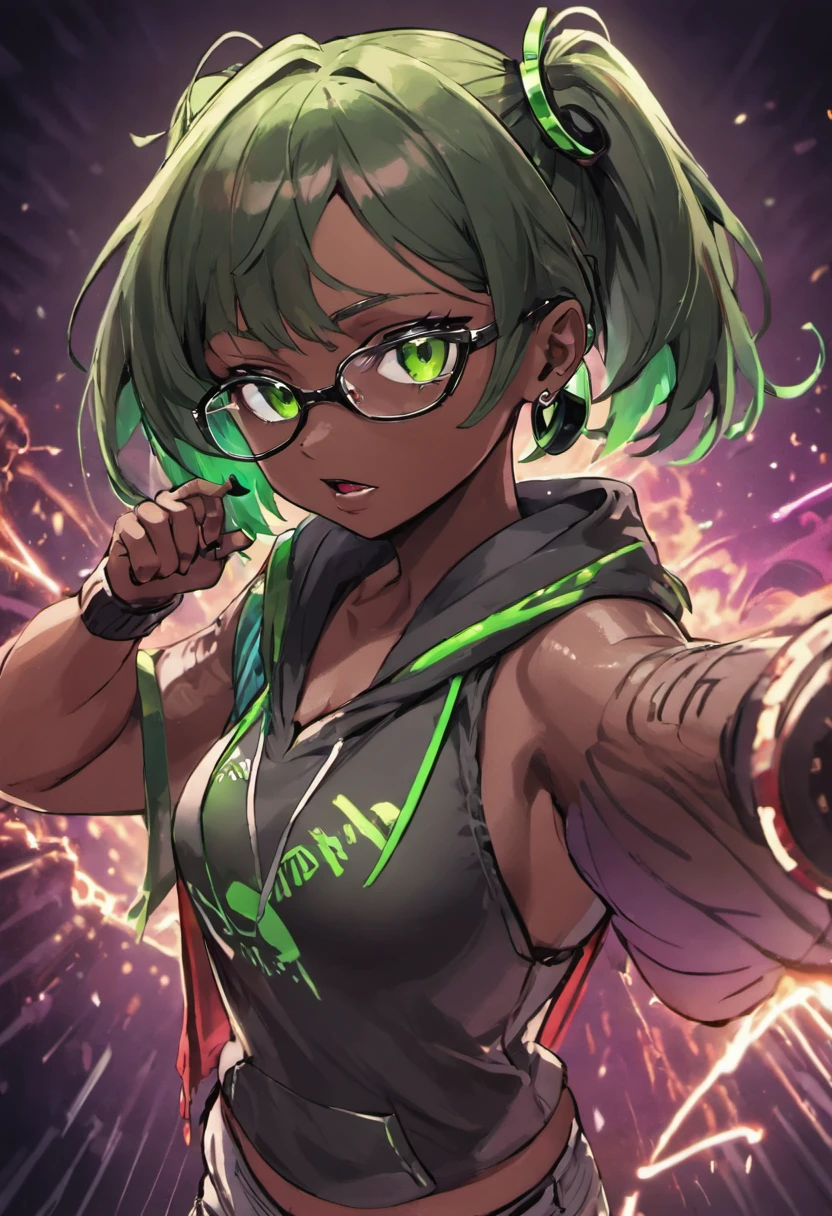 anime, deejaying dark skin girl, dj, dj dark skin girl, headphones, rave, (highest picture quality),masterpiece,best quality,extremely detailed CG wallpaper, ultra_detailed,(Cinematic Lighting:1.1), (mean face), green eyes, 1girl, solo, dark-green_hair, short_hair, masterpiece, best quality, glasses, fighting style