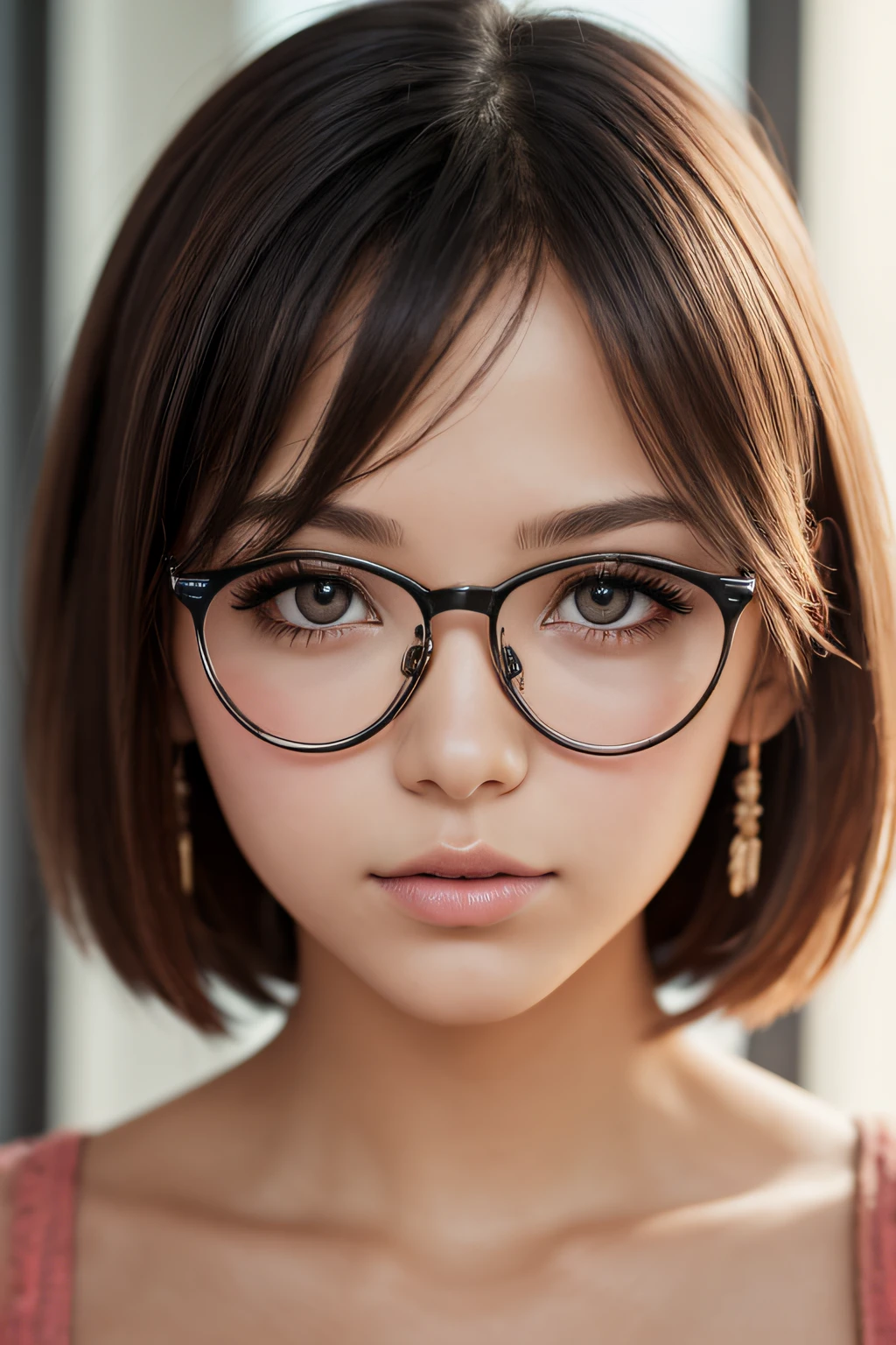 (Best Quality, masutepiece), 1girl in, Dappled sunlight, Indoors, Glasses, Shy, 1 girl, Young Girl, (Goosebumps:0.7), Beautiful face, (eye line, lip stick:0.9), 4K, 8K, nffsw, nffsw, Detailed background, Background
