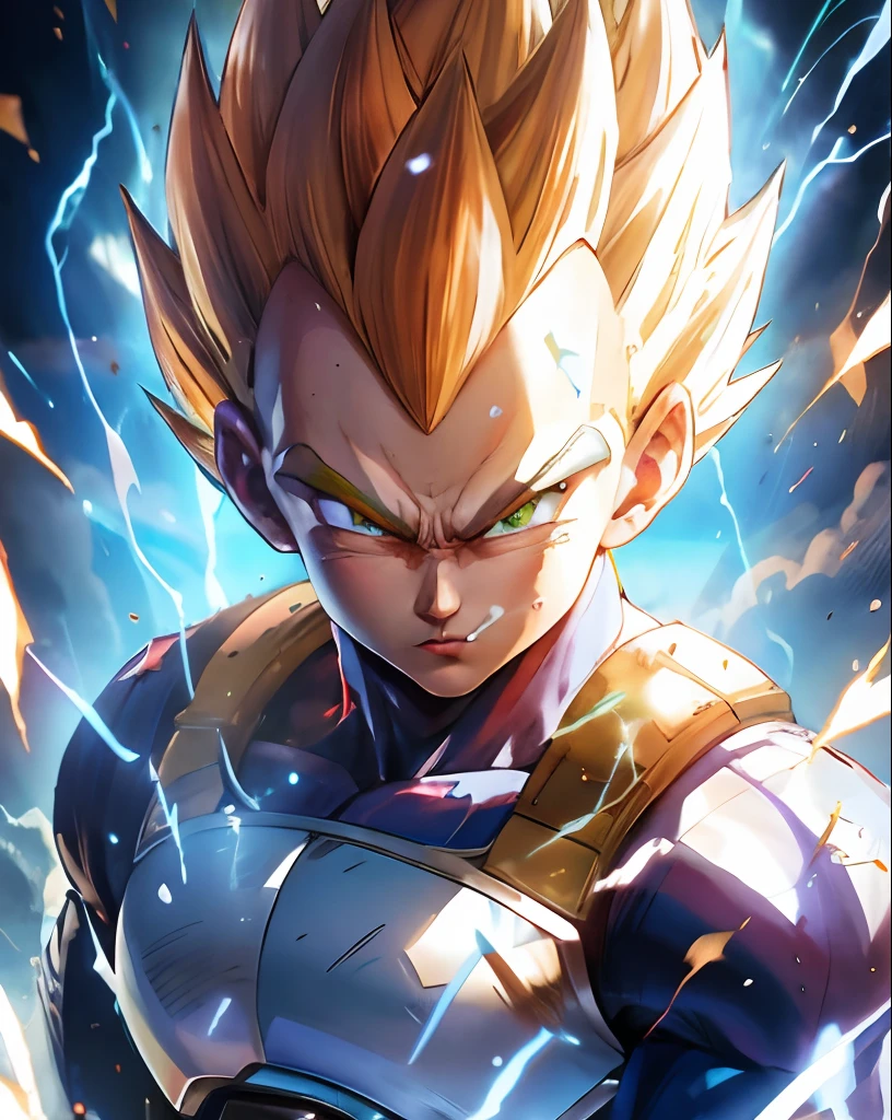 Hyperrealistic version of Vegeta, green eyes, hyperdetailled, hyperrealistic