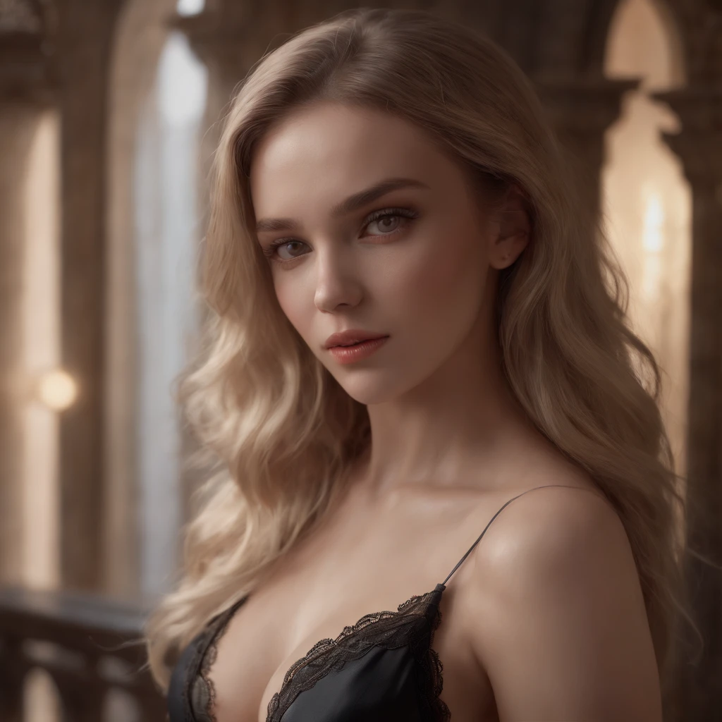 (professional 3d render:1.3) af (Realistic:1.3) most beautiful artwork photo in the world, full-body full-length photo of blonde gorgeous 18yo beauty in (detailed skimpy black silk lace nightwear top and panties), full cinematic makeup, eyeliner, mascara, (((scared of the monster behind her))), ((Fantastic location, Majestic cluttered environment)), full body 8k unity render, waiting, skin pore, very dark lighting, heavy shading, Detailed, Detailed body, (vibrant, photograph realistic, Realistic, Dramatic, Dark, Sharp focus, 8K), (Intricate:1.4), decadent, (Highly detailed:1.4), Digital painting, rendering by octane, art stations, concept-art, smooth, Sharp focus, illustration, Art germ, (loish:0.23), greg rutkowski and alphonse mucha gracias, (Global illumination, Studio light, volumettic light), ((highly detailed dark and ancient palace interior background:1.3)), CGSesociety, artstation