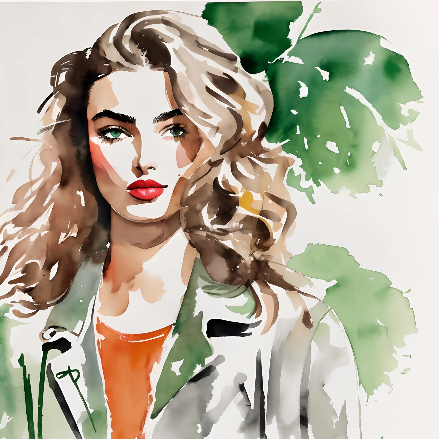 David Downton fashion illustration, watercolor drawing, light brown blonde thin hair 1woman, Andreea Diaconu, cute face, green eyes, rose lipstick, gentle lilac sweatshirt, gray leather jacket, orange autumn leaves