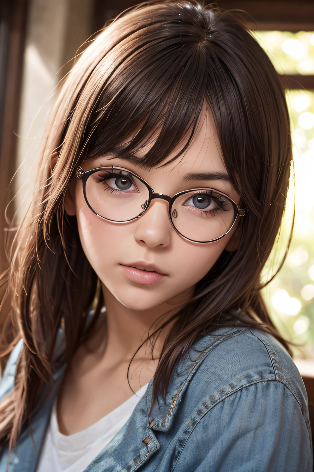 (Best Quality, masutepiece), 1girl in, Dappled sunlight, Indoors, Glasses, Shy, 1 girl, Young Girl, (Goosebumps:0.7), Beautiful face, (eye line, lip stick:0.9), 4K, 8K, nffsw, nffsw, Detailed background, Background