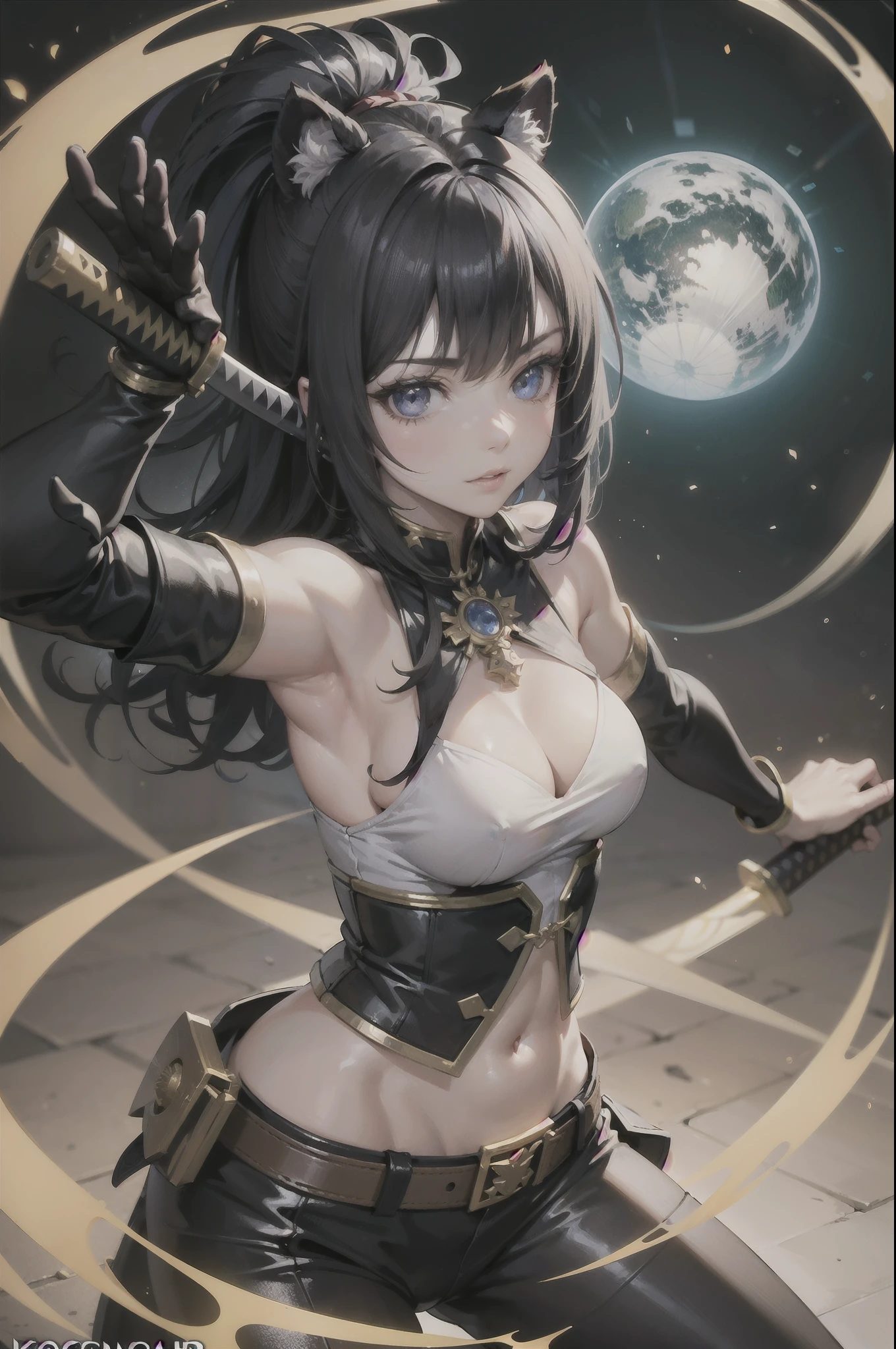 1girl, arcane fighter, medium breasts, raccoon ears, magic circle, magic Shining globe, Holding katana, guard pose, epic details, ultra detailed artwork
