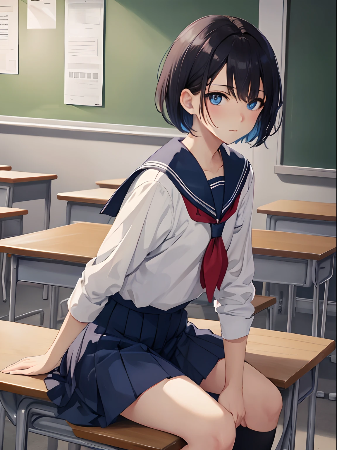 masterpiece:1.2, best quality, ((ultra detailed)), high resolution, 2d, anime style , photo, photography, detailed background, (1boy,otoko no ko, feminine),cute face,short hair,bob cut,(black hair),makeup, flat chest,BREAK solo,(droopy eyes:1.3),17 years old,((blue eyes;1.2 )), beautiful thighs,embarrassed, BREAK classroom background, sitting,school uniform,serafuku BREAK pastel colors:1.4, solid paint:1.2, saturated color, contour
