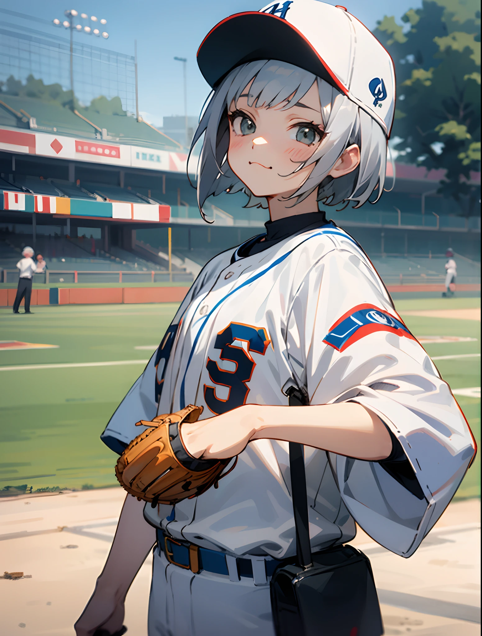 baseball field　14-year-old girl　pitcher　Short Hair Silver Hair　　kawaii faces　Anime Drawing　baseball cap